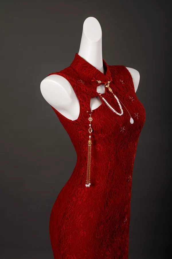 Vintage Czerwone Kwiat Z Koronki Bal Cheongsam 2025 Syrena / Rozkloszowane Wysokiej Szyi Bez Rękawów Bez Pleców Długie