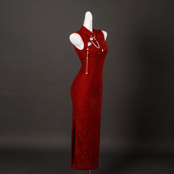 Vintage Czerwone Kwiat Z Koronki Bal Cheongsam 2025 Syrena / Rozkloszowane Wysokiej Szyi Bez Rękawów Bez Pleców Długie