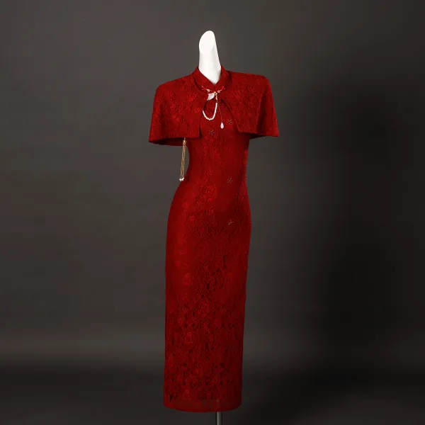 Vintage Czerwone Kwiat Z Koronki Bal Cheongsam 2025 Syrena / Rozkloszowane Wysokiej Szyi Bez Rękawów Bez Pleców Długie