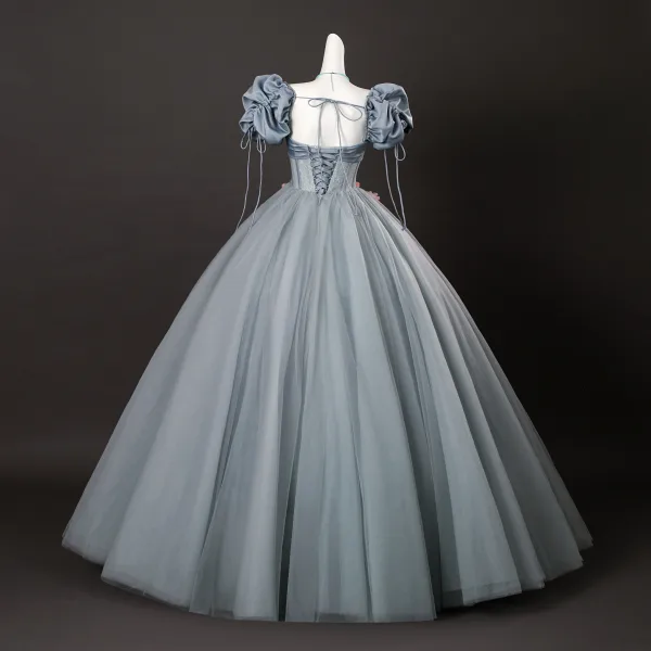 Elegant Grey Appliques Prom Dresses 2025 Ball Gown Square Neckline Puffy Short Sleeve Backless Floor-Length / Long Formal Dresses