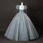 Elegant Grey Appliques Prom Dresses 2025 Ball Gown Square Neckline Puffy Short Sleeve Backless Floor-Length / Long Formal Dresses