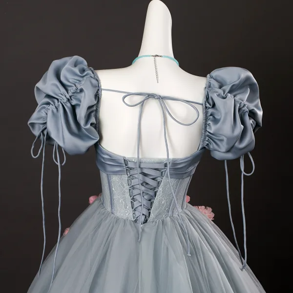 Elegant Grey Appliques Prom Dresses 2025 Ball Gown Square Neckline Puffy Short Sleeve Backless Floor-Length / Long Formal Dresses
