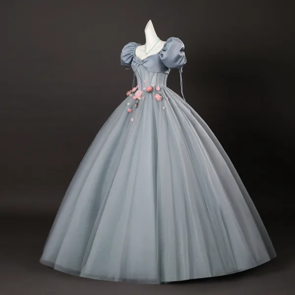 Elegant Grey Appliques Prom Dresses 2025 Ball Gown Square Neckline Puffy Short Sleeve Backless Floor-Length / Long Formal Dresses