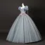 Elegant Grey Appliques Prom Dresses 2025 Ball Gown Square Neckline Puffy Short Sleeve Backless Floor-Length / Long Formal Dresses