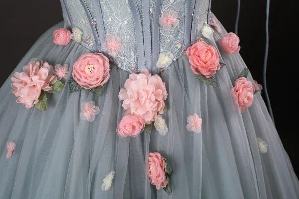 Elegant Grey Appliques Prom Dresses 2025 Ball Gown Square Neckline Puffy Short Sleeve Backless Floor-Length / Long Formal Dresses