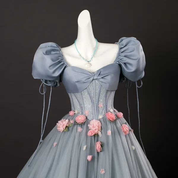 Elegant Grey Appliques Prom Dresses 2025 Ball Gown Square Neckline Puffy Short Sleeve Backless Floor-Length / Long Formal Dresses