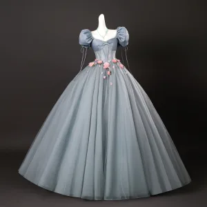 Elegant Grey Appliques Prom Dresses 2025 Ball Gown Square Neckline Puffy Short Sleeve Backless Floor Length Long Formal Dresses