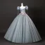 Elegant Grey Appliques Prom Dresses 2025 Ball Gown Square Neckline Puffy Short Sleeve Backless Floor-Length / Long Formal Dresses
