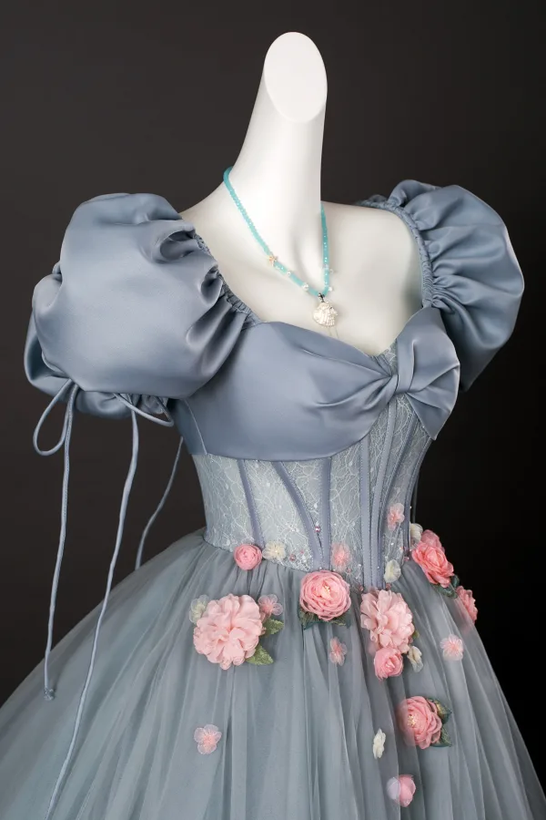 Elegant Grey Appliques Prom Dresses 2025 Ball Gown Square Neckline Puffy Short Sleeve Backless Floor-Length / Long Formal Dresses