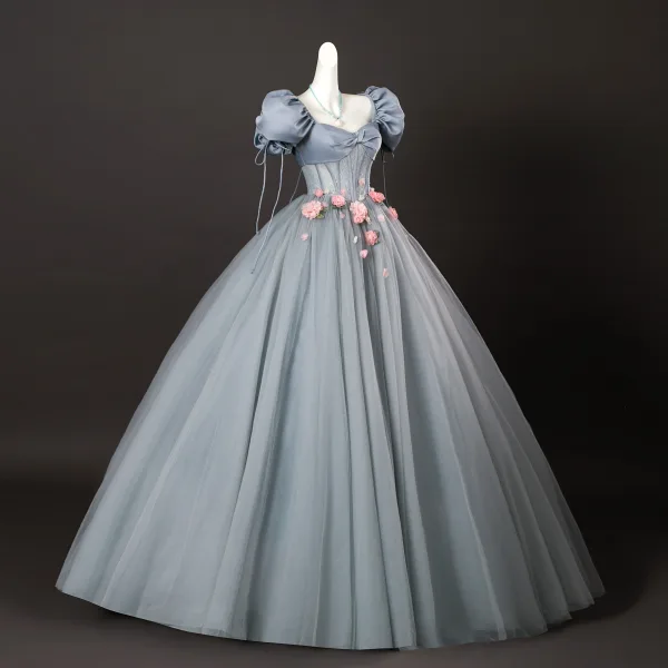 Elegant Grey Appliques Prom Dresses 2025 Ball Gown Square Neckline Puffy Short Sleeve Backless Floor-Length / Long Formal Dresses