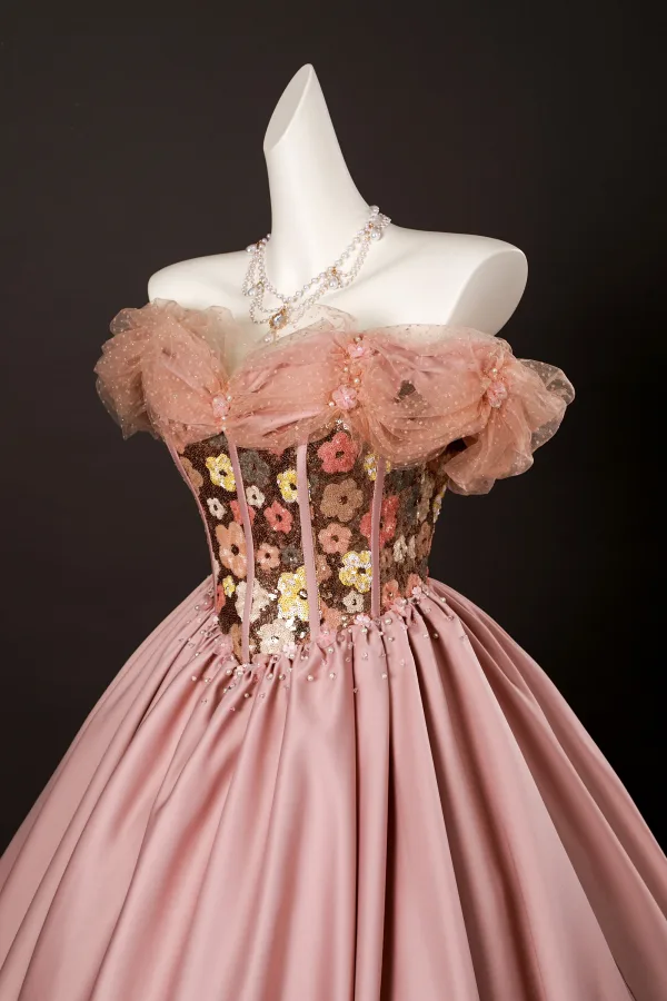 Elegante Pink Perlenstickerei Pailletten Blumen Ballkleider 2025 Ballkleid Off Shoulder Kurze Ärmel Rückenfreies Lange Festliche Kleider