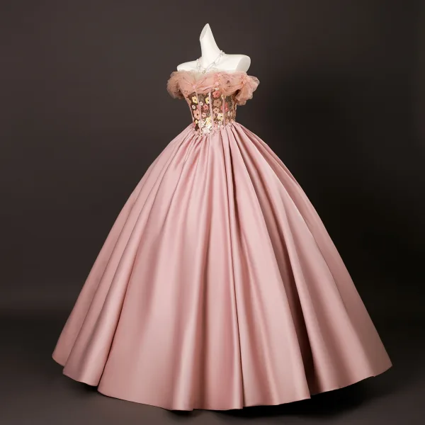 Elegante Pink Perlenstickerei Pailletten Blumen Ballkleider 2025 Ballkleid Off Shoulder Kurze Ärmel Rückenfreies Lange Festliche Kleider