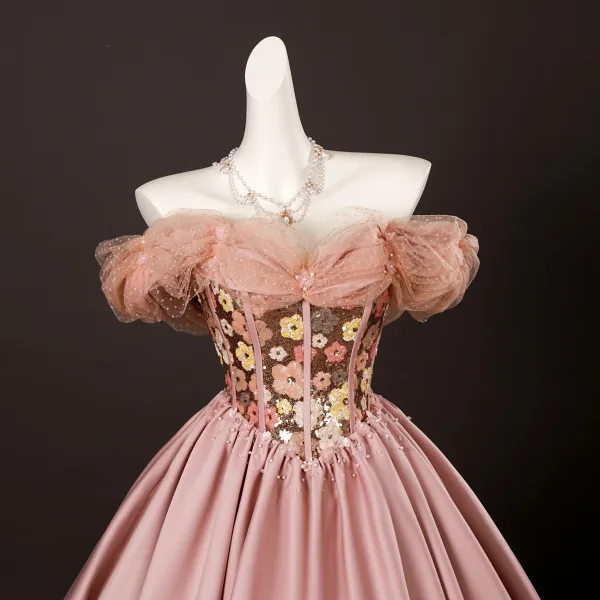 Elegante Pink Perlenstickerei Pailletten Blumen Ballkleider 2025 Ballkleid Off Shoulder Kurze Ärmel Rückenfreies Lange Festliche Kleider