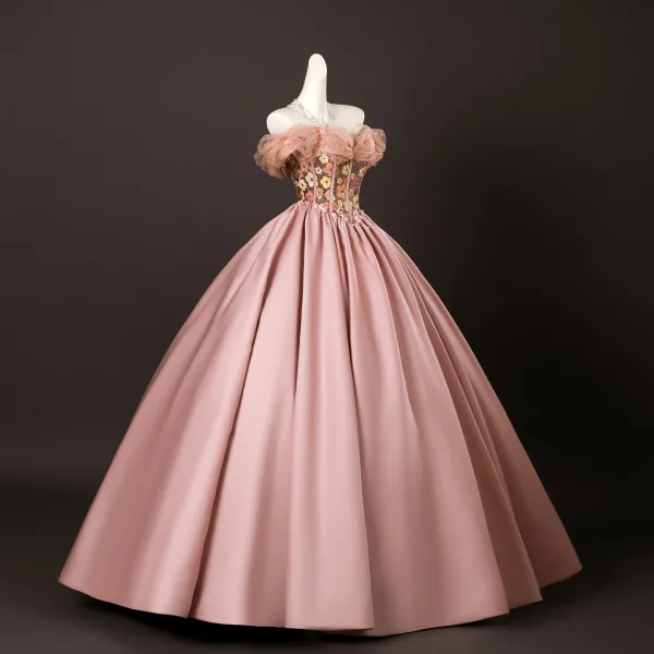 Elegante Pink Perlenstickerei Pailletten Blumen Ballkleider 2025 Ballkleid Off Shoulder Kurze Ärmel Rückenfreies Lange Festliche Kleider