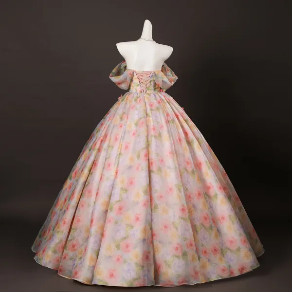 Blumenfee Rosa Applikationen Perle Drucken Ballkleider 2025 Ballkleid Off Shoulder Kurze Ärmel Rückenfreies Lange Festliche Kleider