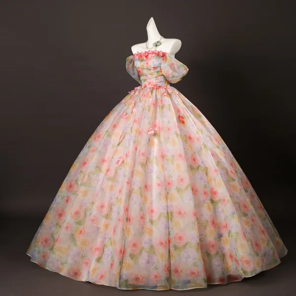 Blumenfee Rosa Applikationen Perle Drucken Ballkleider 2025 Ballkleid Off Shoulder Kurze Ärmel Rückenfreies Lange Festliche Kleider