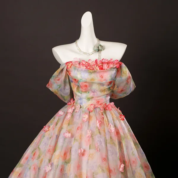 Blumenfee Rosa Applikationen Perle Drucken Ballkleider 2025 Ballkleid Off Shoulder Kurze Ärmel Rückenfreies Lange Festliche Kleider
