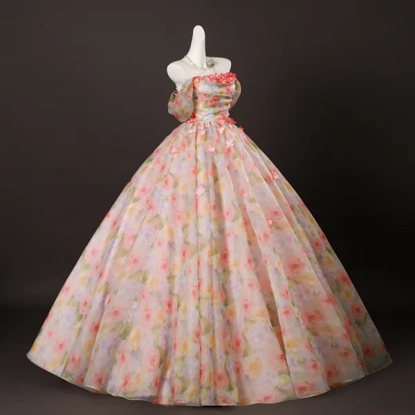 Blumenfee Rosa Applikationen Perle Drucken Ballkleider 2025 Ballkleid Off Shoulder Kurze Ärmel Rückenfreies Lange Festliche Kleider