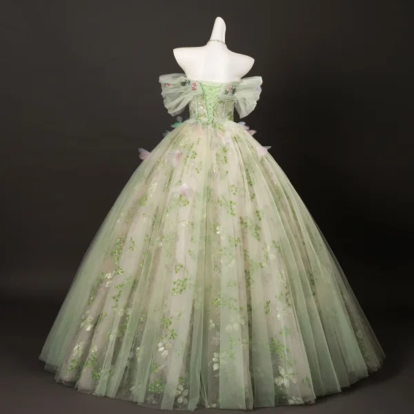 Blumenfee Salbeigrün Perlenstickerei Pailletten Applikationen Ballkleider 2025 Ballkleid Off Shoulder Kurze Ärmel Rückenfreies Lange Festliche Kleider