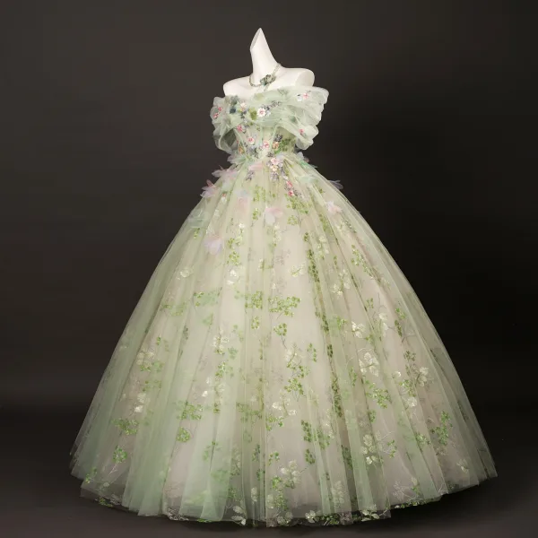 Blumenfee Salbeigrün Perlenstickerei Pailletten Applikationen Ballkleider 2025 Ballkleid Off Shoulder Kurze Ärmel Rückenfreies Lange Festliche Kleider