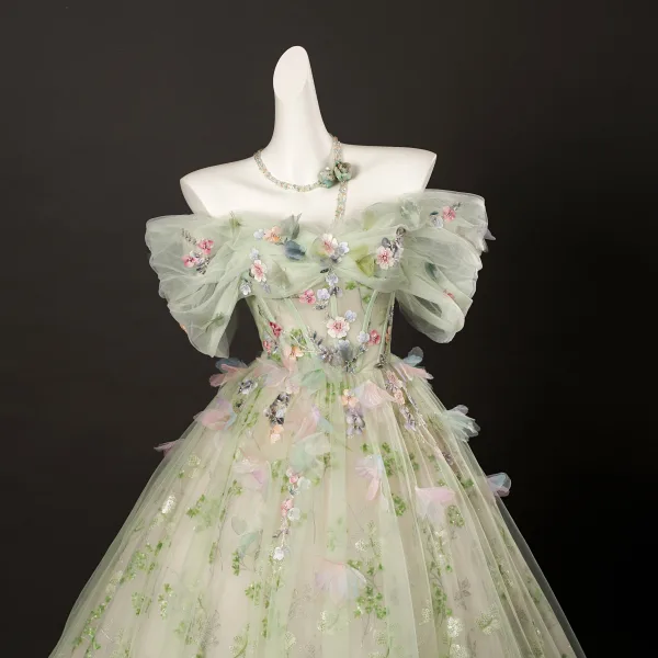Blumenfee Salbeigrün Perlenstickerei Pailletten Applikationen Ballkleider 2025 Ballkleid Off Shoulder Kurze Ärmel Rückenfreies Lange Festliche Kleider