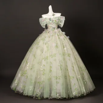 Blumenfee Salbeigrün Perlenstickerei Pailletten Applikationen Ballkleider 2025 Ballkleid Off Shoulder Kurze Ärmel Rückenfreies Lange Festliche Kleider