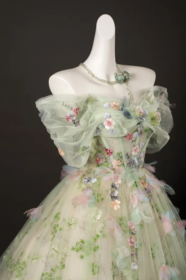 Blumenfee Salbeigrün Perlenstickerei Pailletten Applikationen Ballkleider 2025 Ballkleid Off Shoulder Kurze Ärmel Rückenfreies Lange Festliche Kleider