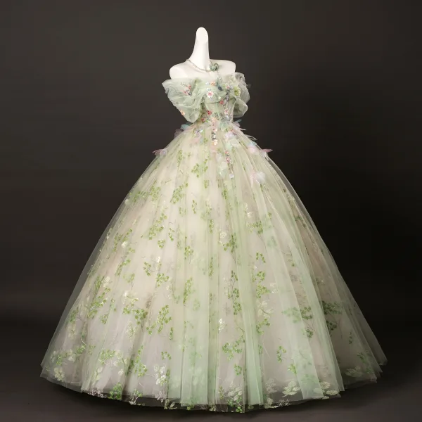 Blumenfee Salbeigrün Perlenstickerei Pailletten Applikationen Ballkleider 2025 Ballkleid Off Shoulder Kurze Ärmel Rückenfreies Lange Festliche Kleider