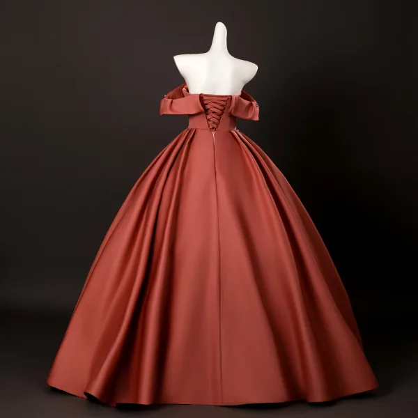 Vintage / Retro Modest / Simple Burgundy Beading Prom Dresses 2025 Ball Gown Off-The-Shoulder Short Sleeve Backless Floor-Length / Long Formal Dresses