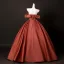 Vintage / Retro Modest / Simple Burgundy Beading Prom Dresses 2025 Ball Gown Off-The-Shoulder Short Sleeve Backless Floor-Length / Long Formal Dresses