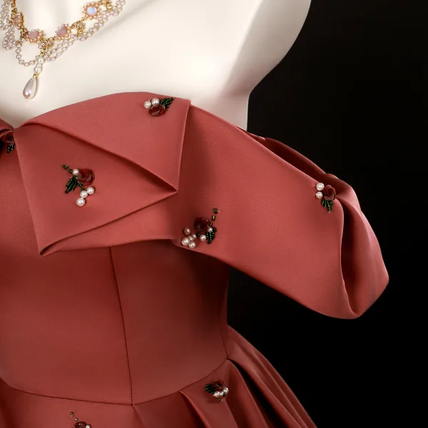 Vintage / Retro Modest / Simple Burgundy Beading Prom Dresses 2025 Ball Gown Off-The-Shoulder Short Sleeve Backless Floor-Length / Long Formal Dresses