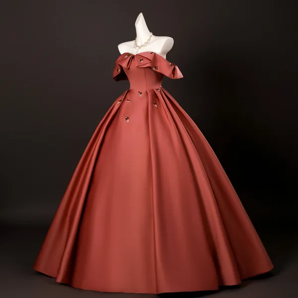 Vintage / Retro Modest / Simple Burgundy Beading Prom Dresses 2025 Ball Gown Off-The-Shoulder Short Sleeve Backless Floor-Length / Long Formal Dresses