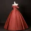 Vintage / Retro Modest / Simple Burgundy Beading Prom Dresses 2025 Ball Gown Off-The-Shoulder Short Sleeve Backless Floor-Length / Long Formal Dresses