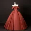 Vintage / Retro Modest / Simple Burgundy Beading Prom Dresses 2025 Ball Gown Off-The-Shoulder Short Sleeve Backless Floor-Length / Long Formal Dresses