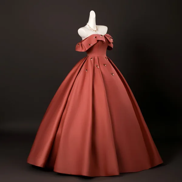 Vintage / Retro Modest / Simple Burgundy Beading Prom Dresses 2025 Ball Gown Off-The-Shoulder Short Sleeve Backless Floor-Length / Long Formal Dresses