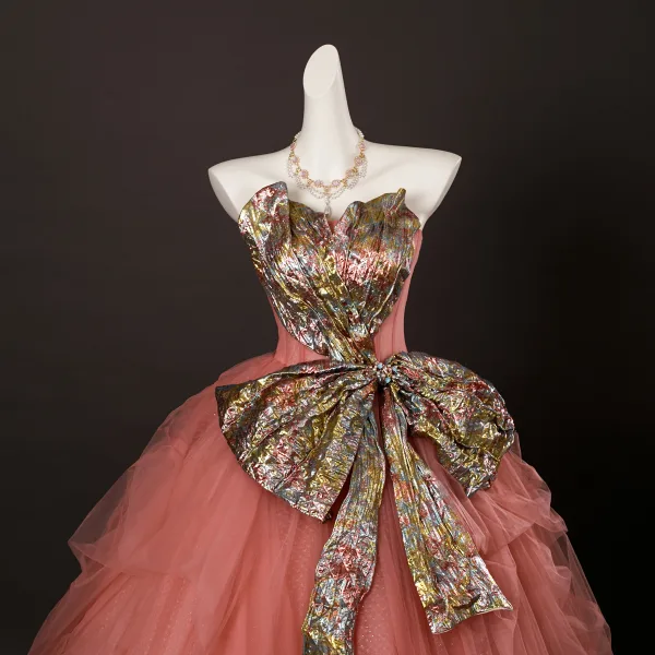 Mode Rose Bonbon Volants en Cascade Noeud Paillettes Robe De Bal 2025 Bustier Sans Manches Dos Nu Longue Robe De Ceremonie