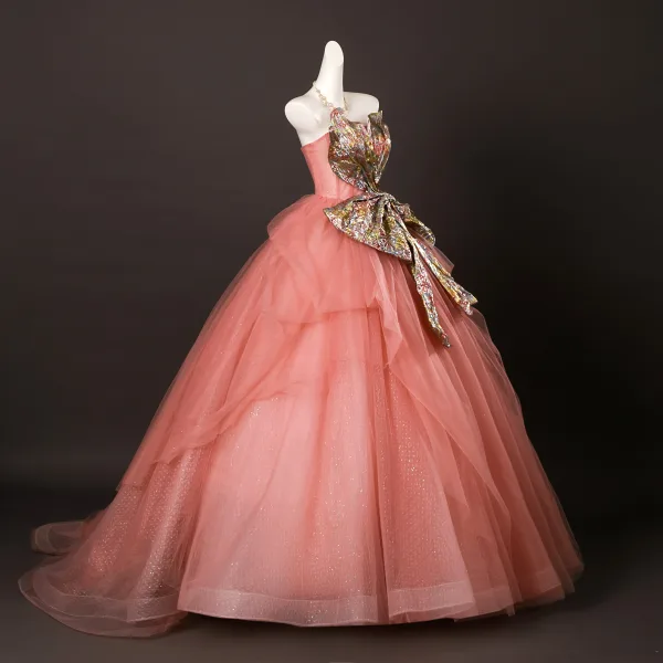 Mode Rose Bonbon Volants en Cascade Noeud Paillettes Robe De Bal 2025 Bustier Sans Manches Dos Nu Longue Robe De Ceremonie