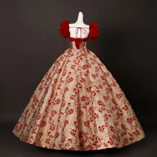 Elegante Rot Glanz Drucken Ballkleider 2025 Ballkleid Eckiger Ausschnitt Geschwollenes Kurze Ärmel Rückenfreies Lange Festliche Kleider