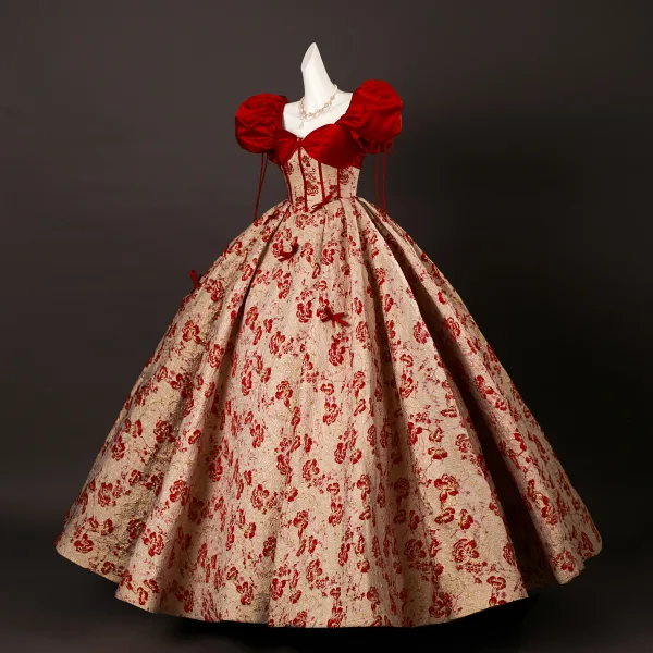 Elegante Rot Glanz Drucken Ballkleider 2025 Ballkleid Eckiger Ausschnitt Geschwollenes Kurze Ärmel Rückenfreies Lange Festliche Kleider