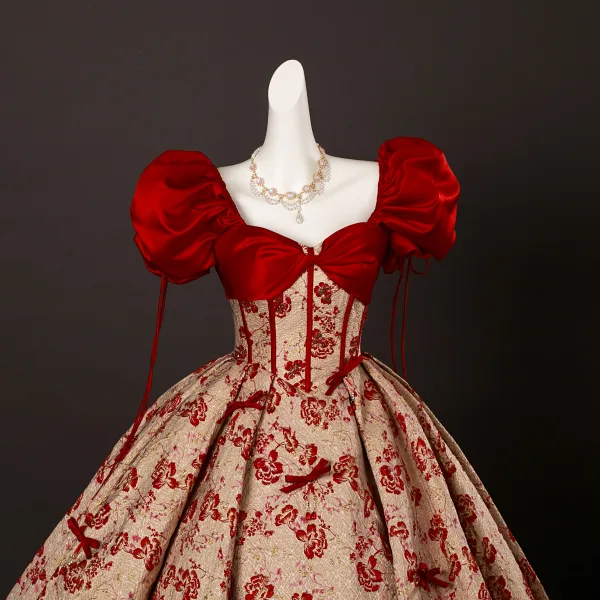 Elegante Rot Glanz Drucken Ballkleider 2025 Ballkleid Eckiger Ausschnitt Geschwollenes Kurze Ärmel Rückenfreies Lange Festliche Kleider