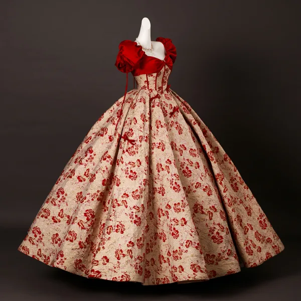 Elegante Rot Glanz Drucken Ballkleider 2025 Ballkleid Eckiger Ausschnitt Geschwollenes Kurze Ärmel Rückenfreies Lange Festliche Kleider