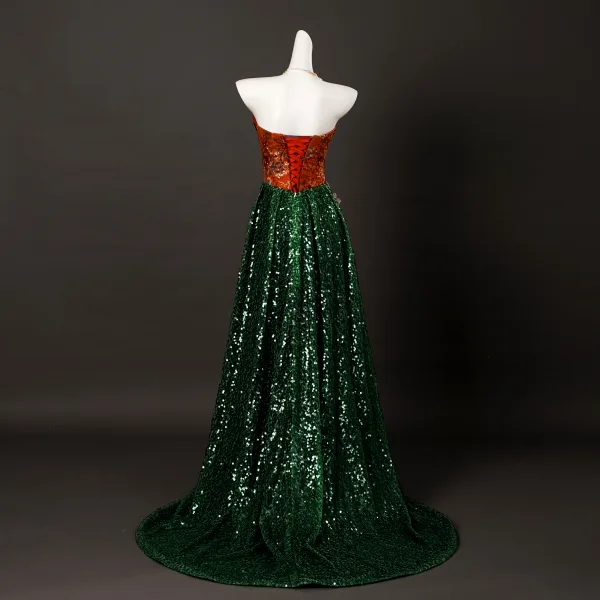 Sparkly Mørk Grønn Beading Paljetter Appliques Selskapskjoler 2025 Trompet / Havfrue Kjæreste Uten Ermer Ryggløse Feie Tog Aften Formelle Kjoler