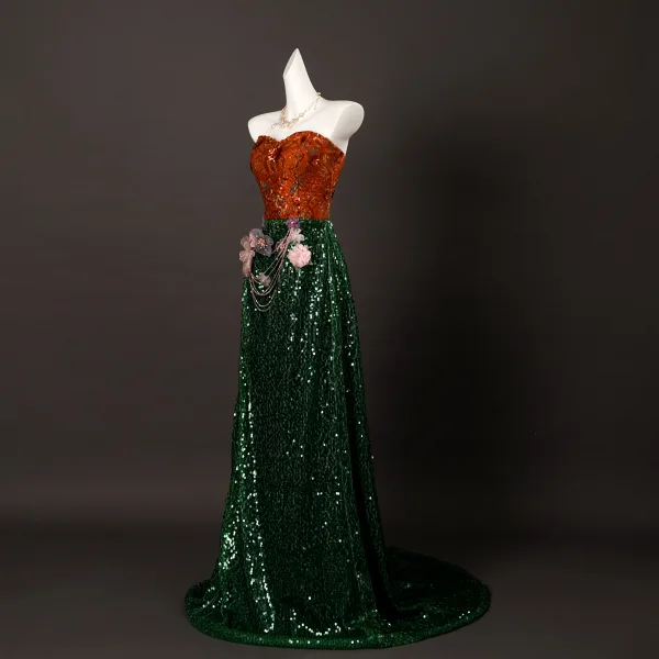 Sparkly Mørk Grønn Beading Paljetter Appliques Selskapskjoler 2025 Trompet / Havfrue Kjæreste Uten Ermer Ryggløse Feie Tog Aften Formelle Kjoler