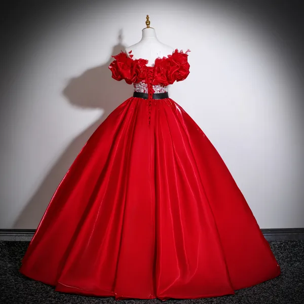Vintage / Retro Red Appliques Satin Prom Dresses 2025 Ball Gown Off-The-Shoulder Short Sleeve Backless Bow Sash Floor-Length / Long Formal Dresses