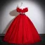 Vintage / Retro Red Appliques Satin Prom Dresses 2025 Ball Gown Off-The-Shoulder Short Sleeve Backless Bow Sash Floor-Length / Long Formal Dresses