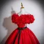 Vintage / Retro Red Appliques Satin Prom Dresses 2025 Ball Gown Off-The-Shoulder Short Sleeve Backless Bow Sash Floor-Length / Long Formal Dresses