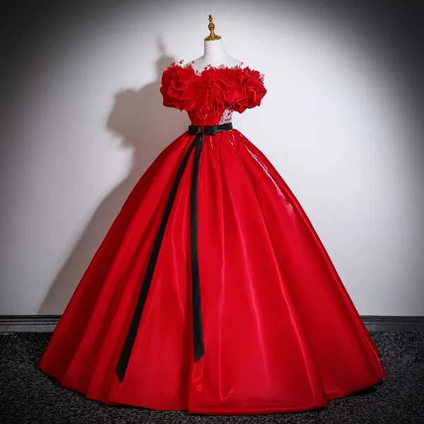 Vintage / Retro Red Appliques Satin Prom Dresses 2025 Ball Gown Off-The-Shoulder Short Sleeve Backless Bow Sash Floor-Length / Long Formal Dresses