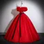 Vintage / Retro Red Appliques Satin Prom Dresses 2025 Ball Gown Off-The-Shoulder Short Sleeve Backless Bow Sash Floor-Length / Long Formal Dresses