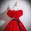 Vintage / Retro Red Appliques Satin Prom Dresses 2025 Ball Gown Off-The-Shoulder Short Sleeve Backless Bow Sash Floor-Length / Long Formal Dresses