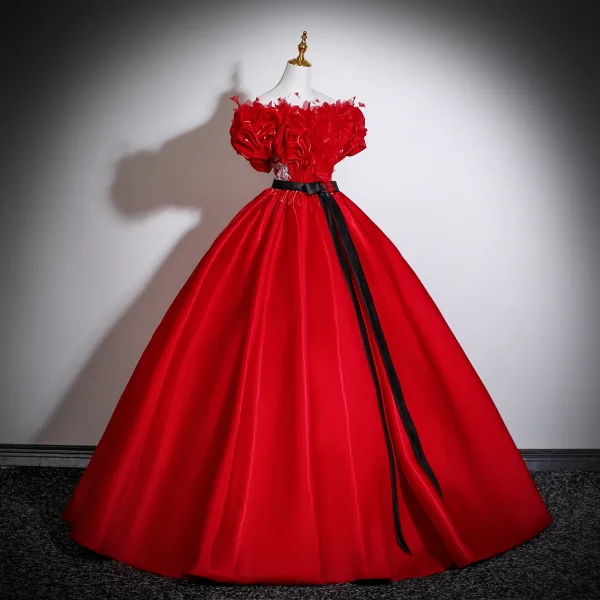 Vintage / Retro Red Appliques Satin Prom Dresses 2025 Ball Gown Off-The-Shoulder Short Sleeve Backless Bow Sash Floor-Length / Long Formal Dresses
